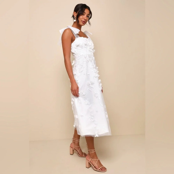 Lulus-Effortlessly Sweet White Tulle 3D Floral Tie-Strap Midi Dress (Medium) - Picture 4 of 5